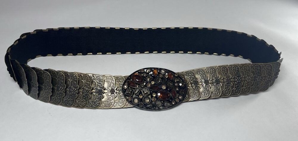 Vintage Chunky Bronze Metal Panel Stretch Belt Amber Rhinestone Jewel Buckle